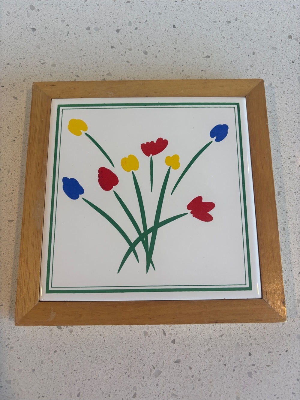 Mid Century Trivet Wood Framed Floral Tile Wall Art - Multi-Color